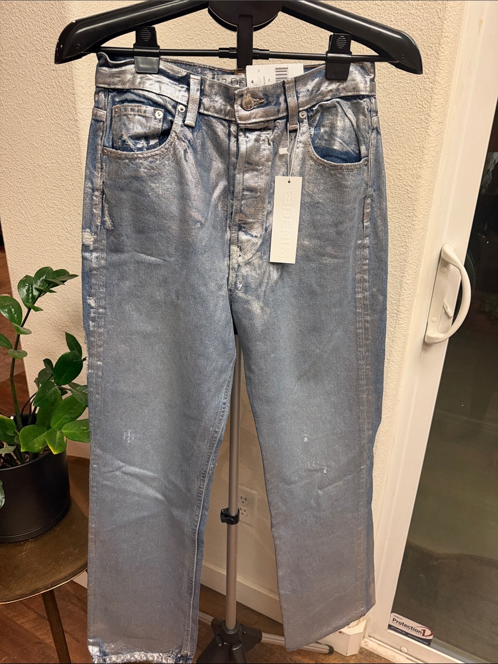 EB Denim Silver Belle Metallic Foil High Rise Straight Leg Jeans NWT 29 Futurism